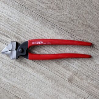 steel lasting pliers with red plastic handles