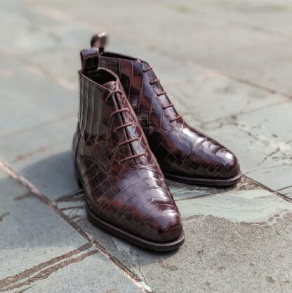 brown bespoke oxford boots in crocodile skin